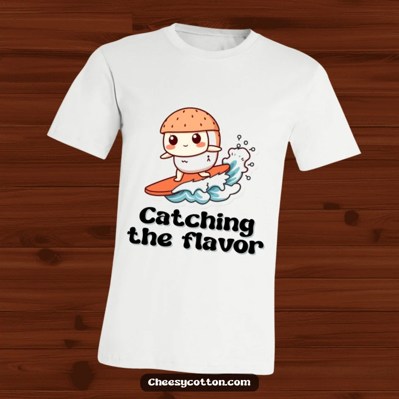 Funny Kawaii Sushi T-Shirt: A cute, smiling sushi character confidently surfing a small wave, showcasing a passion for the sea and food.