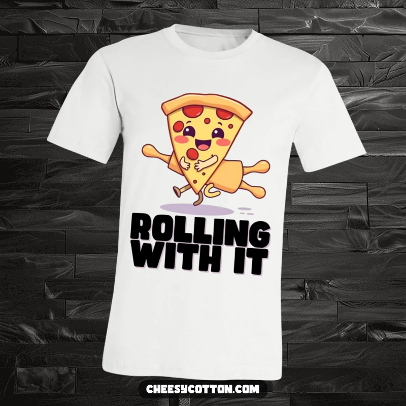 Funny t-shirt showing a giggling pizza slice character humorously riding a runaway rolling pin, a delightful depiction of food-fueled fun.