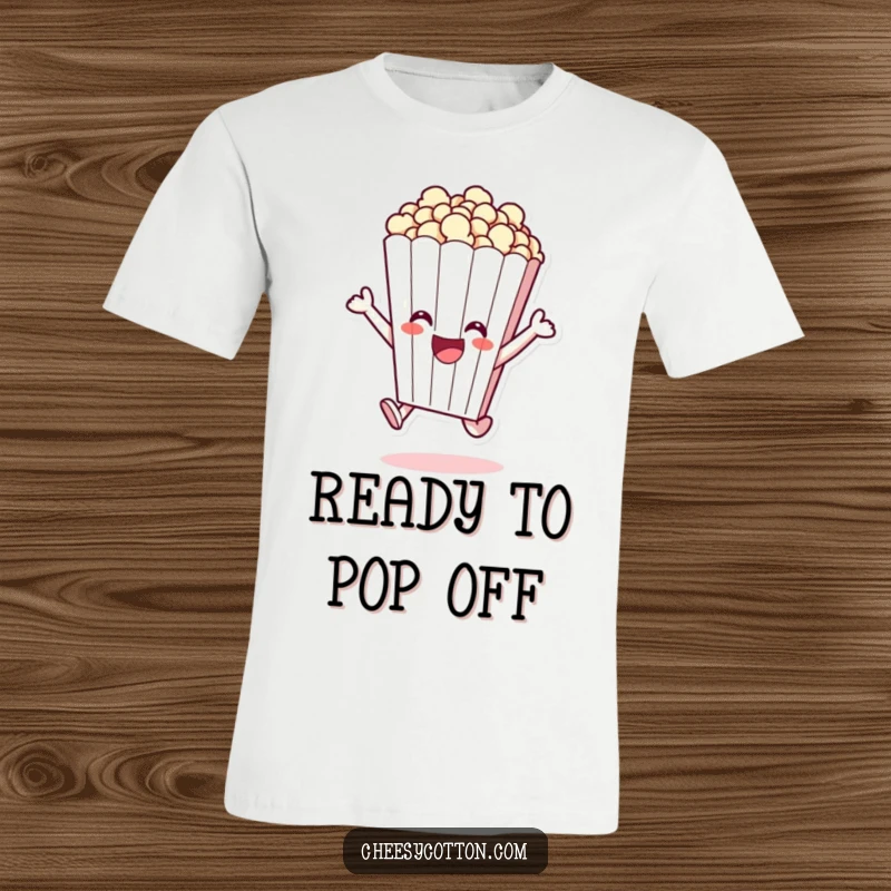 Funny t-shirt with a cheerful popcorn bag character excitedly leaping, embodying pure energy.
