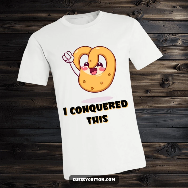 Funny t-shirt graphic of a jubilant pretzel triumphantly pumping its fist in the air, celebrating success.