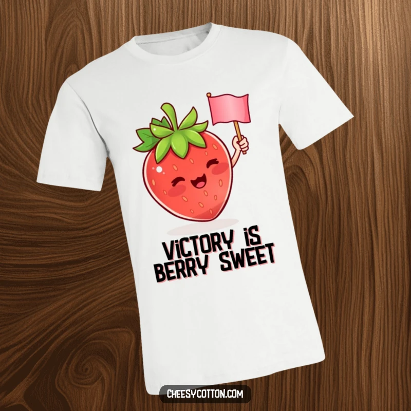 Funny t-shirt featuring a cute strawberry character excitedly waving a small flag, symbolizing joy and playful energy. Great funny present.