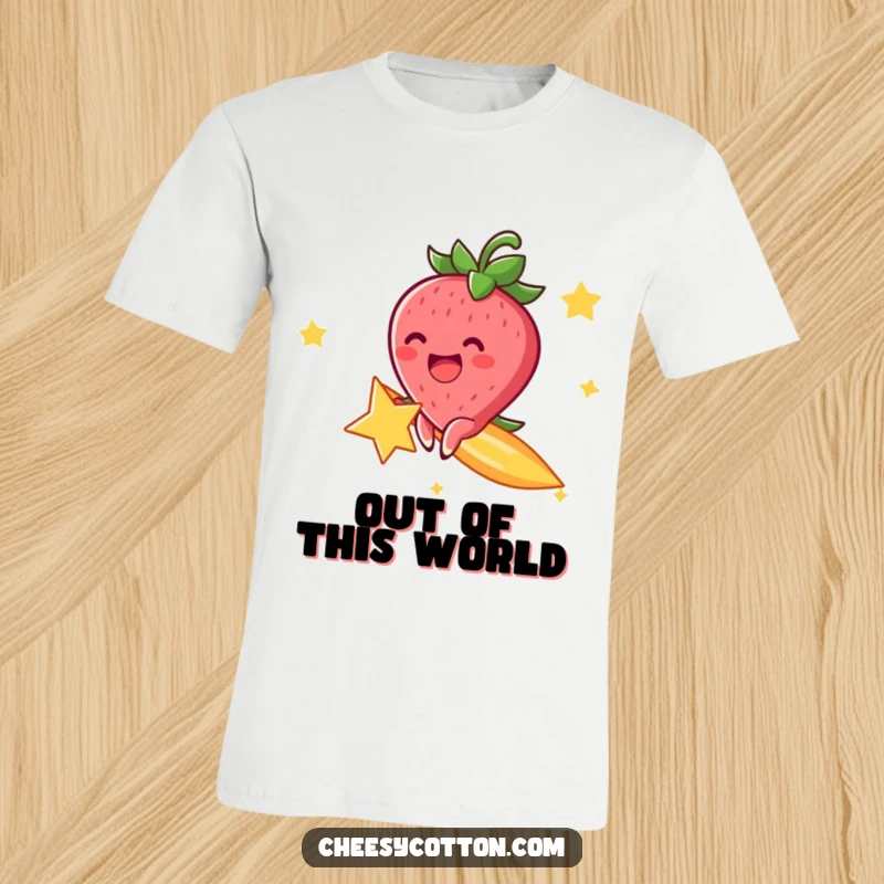 Funny t-shirt with a cheerful strawberry character, excitedly riding a shooting star, full of cosmic adventure.