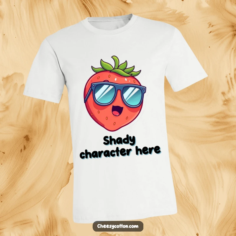 Funny t-shirt print of a surprised strawberry laughing hard, sporting large, stylish sunglasses for a comical look.