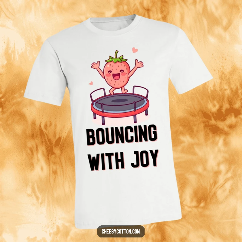 Funny strawberry character mid-air, enthusiastically jumping on a trampoline, showcasing pure joy and humor on a t-shirt.