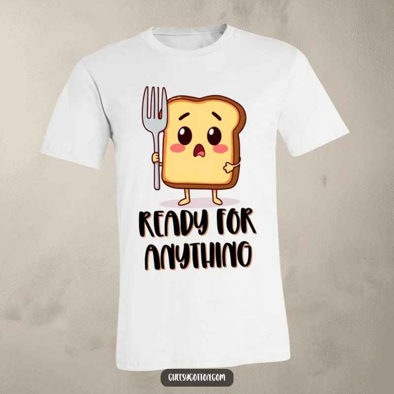 Funny t-shirt showing a shocked toast character gripping a comically large fork, ready for breakfast or an unexpected turn of events.