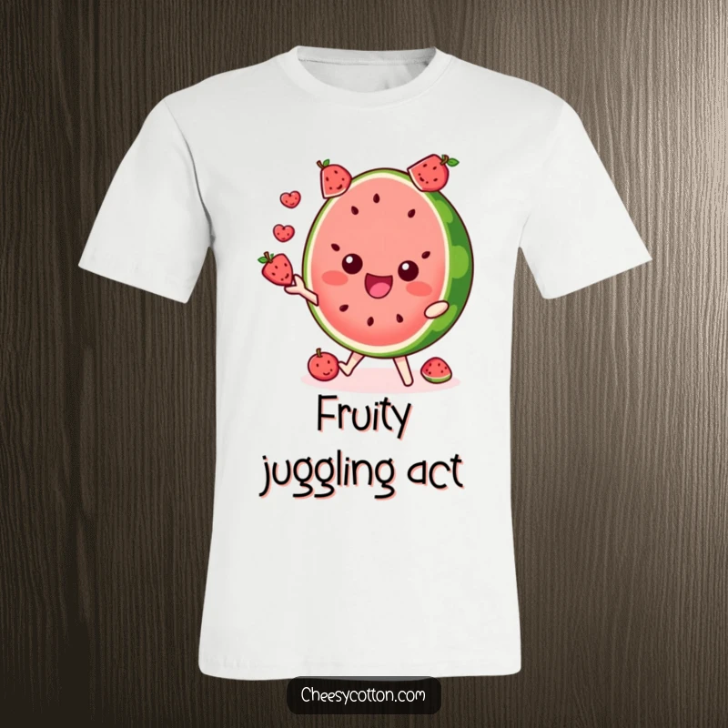 Funny t-shirt with a delighted watermelon slice character juggling small fruits, celebrating summer.