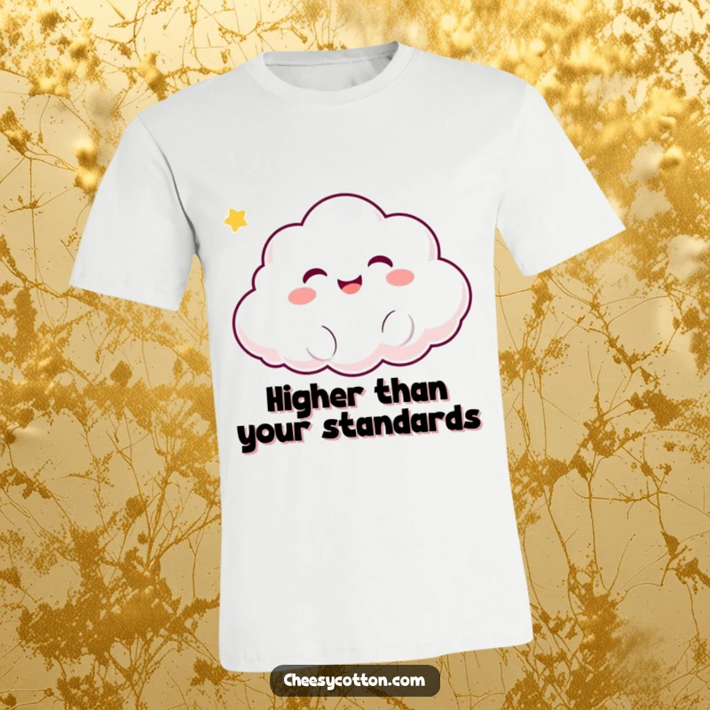 Funny Kawaii Cloud T-Shirt: A cute, smiling cloud character giggling as it floats upwards, embodying pure joy and lightness.