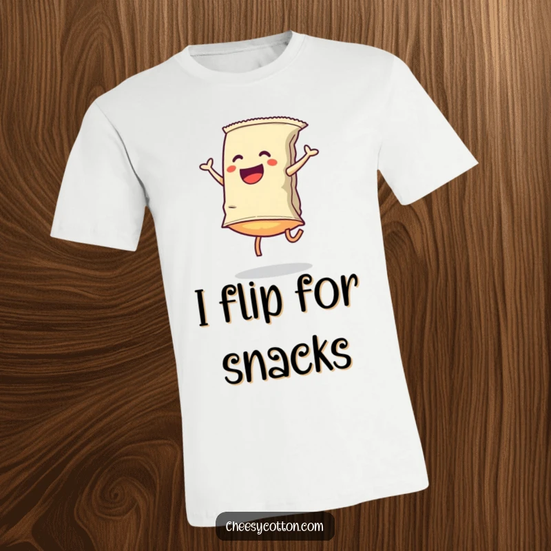 Funny T-Shirt: A lively chip bag executes a cartwheel, embodying pure, unadulterated, snack-fueled fun and playful energy.