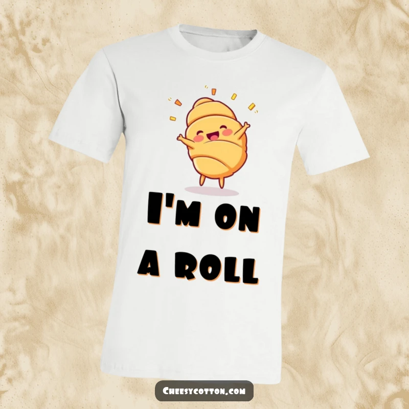 Funny Croissant Cartwheel T-Shirt: A cheerful croissant character joyfully doing a cartwheel with flaky layers in motion.