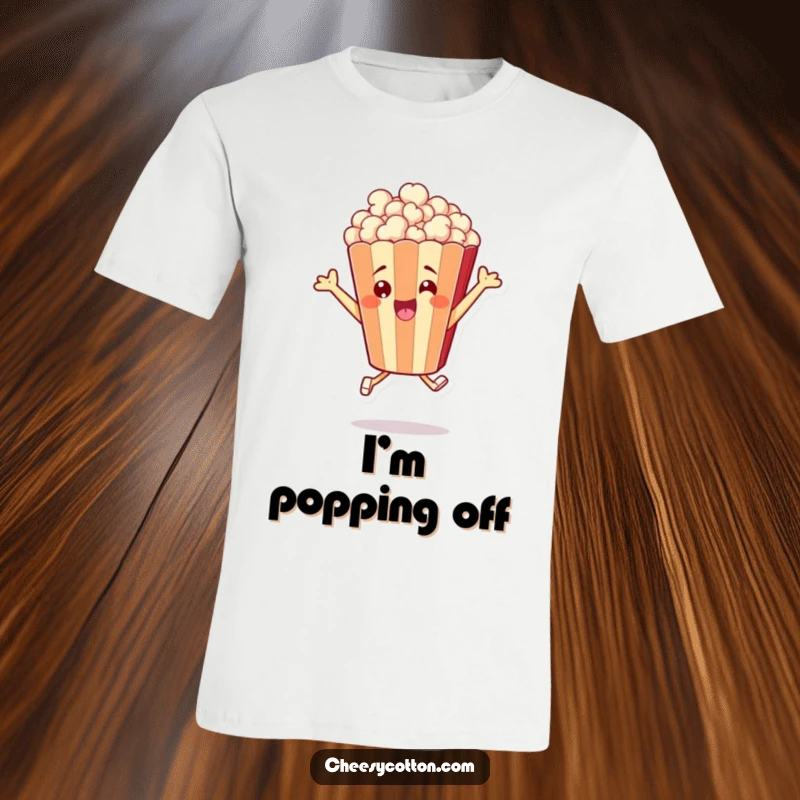Funny t-shirt featuring a cheerful popcorn bag character in a dynamic leap, embodying pure, uncontainable excitement.