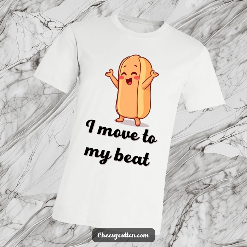 Funny Hot Dog T-Shirt: A lively hot dog character busts a silly dance move, showcasing fun, energy, and a playful vibe on this humorous apparel.
