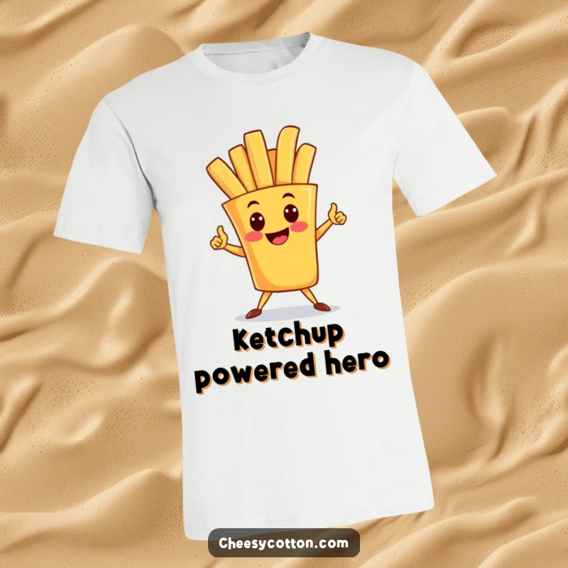 Funny t-shirt with a happy french fry character striking a dynamic superhero pose, exuding power and playful charm. Great funny present.