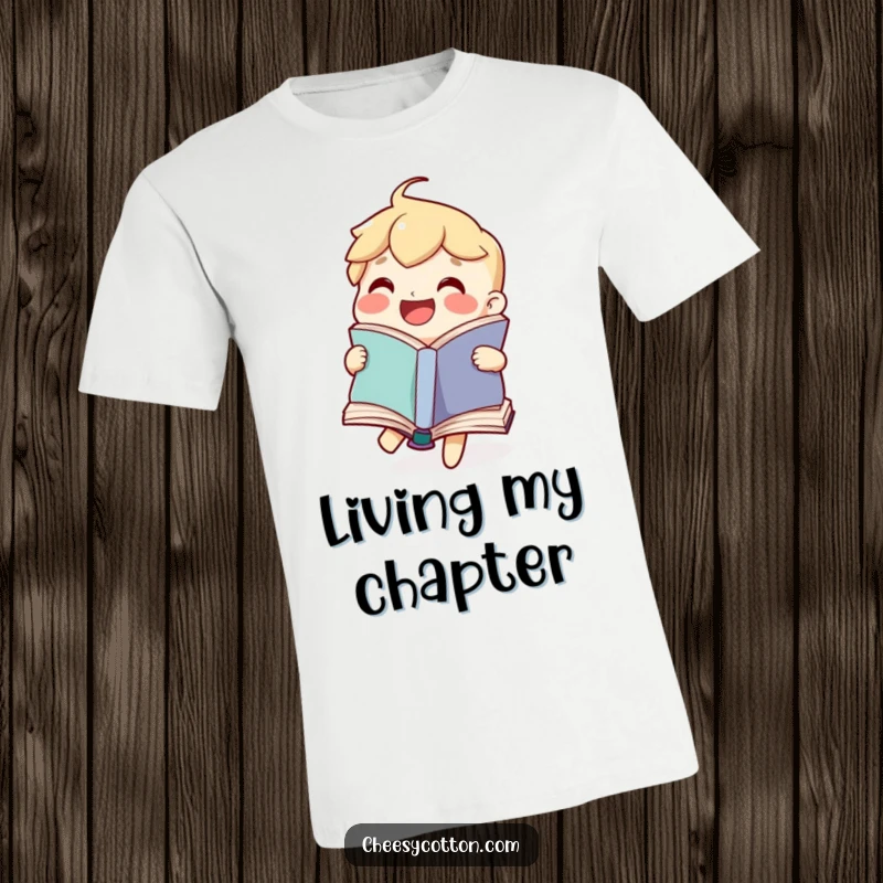 Funny T-shirt featuring a joyful book character happily flipping its pages, embodying the excitement of reading.