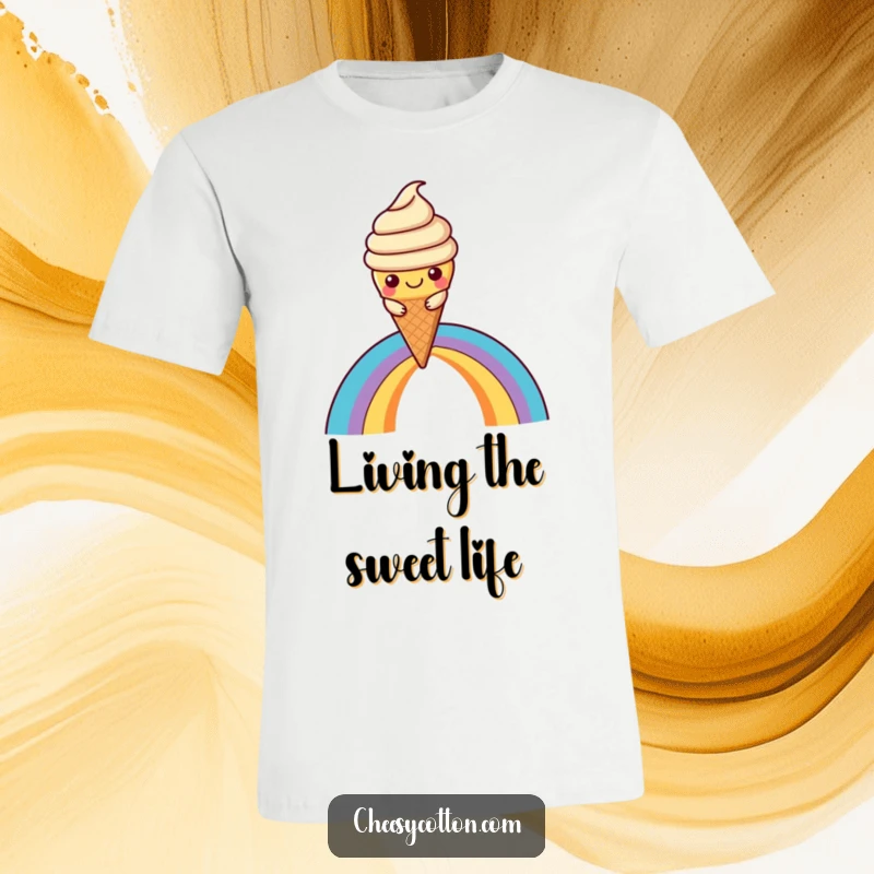 Funny Kawaii Ice Cream T-Shirt: A cute, smiling ice cream cone character joyfully sliding down a colorful rainbow, full of sweet energy.