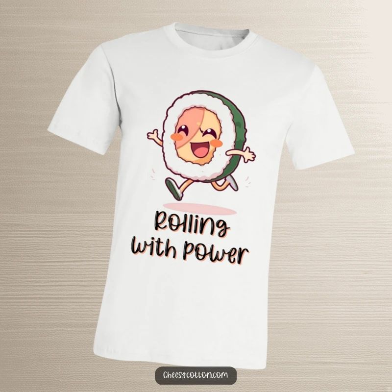 Funny sushi roll character doing a high-knee run, depicted with glee and speed, a perfect funny t-shirt.