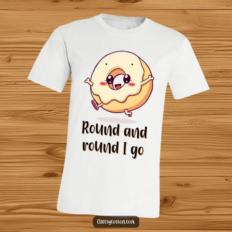 Funny kawaii doughnut energetically doing a cartwheel, printed on a comfortable t-shirt for a burst of cheerful humor.