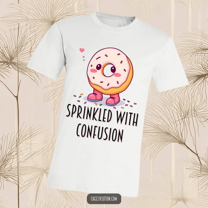 Funny t-shirt depicting a confused donut character comically stepping in sprinkles while wearing tiny boots, a whimsical and sweet design.