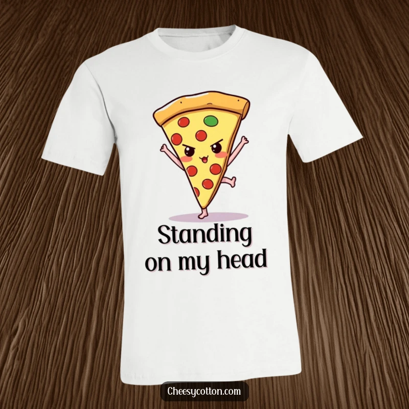 Funny kawaii pizza slice determinedly attempting a handstand, printed on a comfortable t-shirt for active humor.