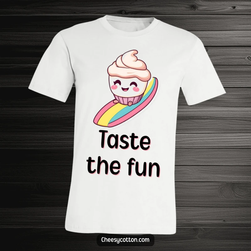 Funny t-shirt with a smiling cupcake character with mischievous eyes, sliding down a rainbow, full of playful delight.
