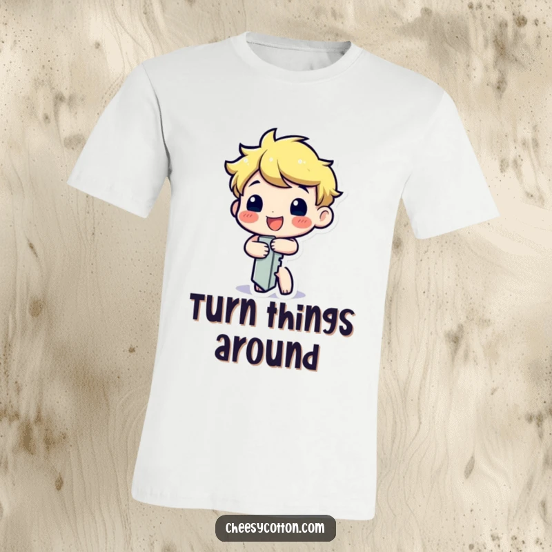 Funny T-shirt with a happy key character cheerfully turning itself, representing opening doors to happiness and humor.