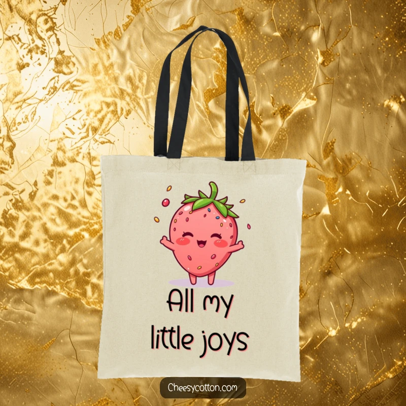 Funny Strawberry Sprinkle Tote Bag: A fun tote featuring a blushing strawberry character juggling colorful sprinkles.