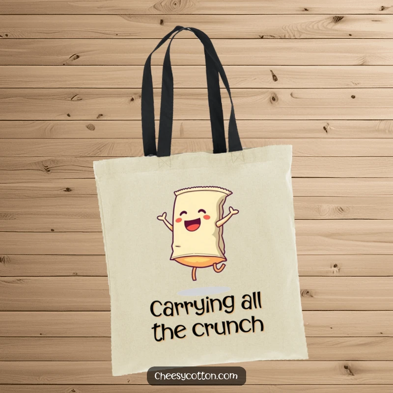 Funny Tote Bag: A chip bag performs a cartwheel, demonstrating active fun and a joyful spirit perfect for quirky, essential carrying.