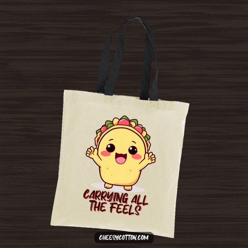 Funny Tote Bag featuring a cute kawaii taco character pumped with joy, cheering with both hands up, perfect for taco lovers.