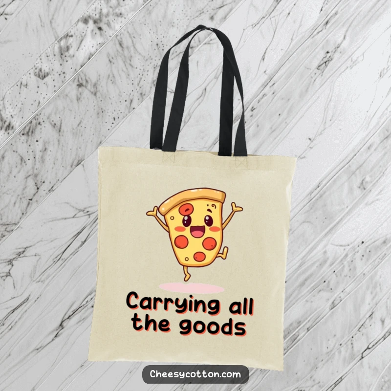 Funny tote bag featuring a cheerful pizza slice character doing a cartwheel, perfect for carrying items with a foodie twist.