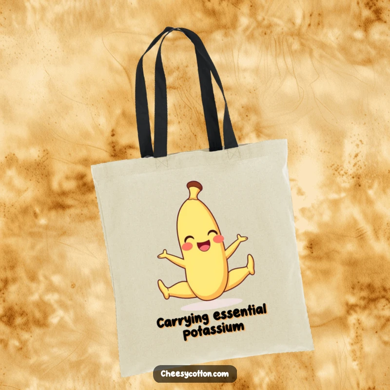 Funny tote bag with a smiling banana character performing a playful split, ready for any task.