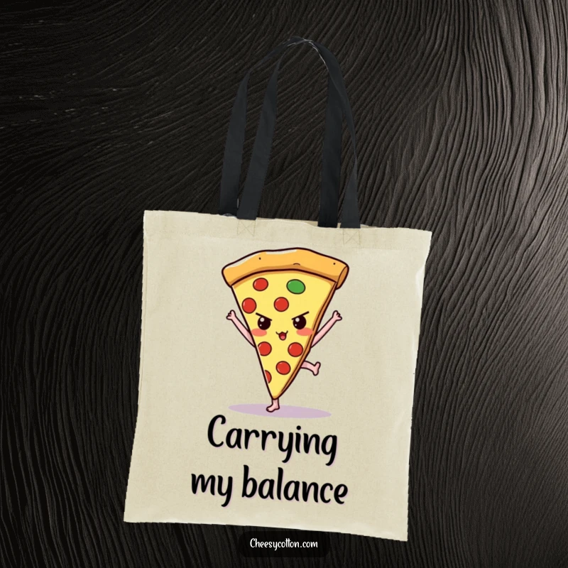Funny kawaii pizza slice attempting a handstand on a durable tote bag, great for carrying essentials and inspiration.