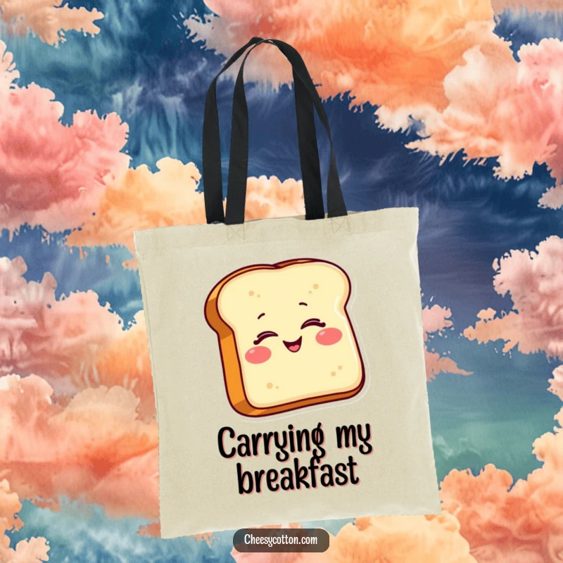 Funny Toast Tote Bag: Features a smiling toast character giving a wink, making this a practical and humorous accessory for carrying your items.