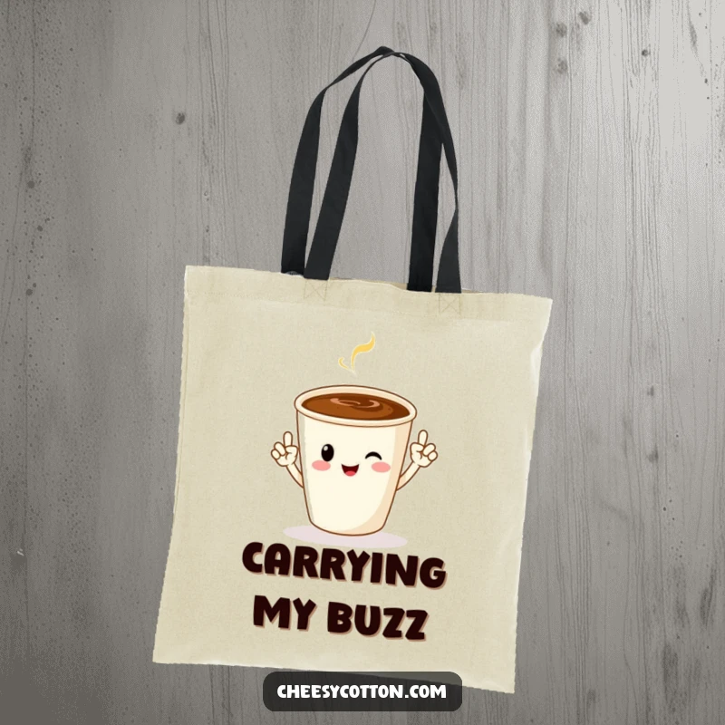 Funny tote bag with a cheerful coffee cup character performing jazz hands, perfect for carrying essentials with a lively flair.