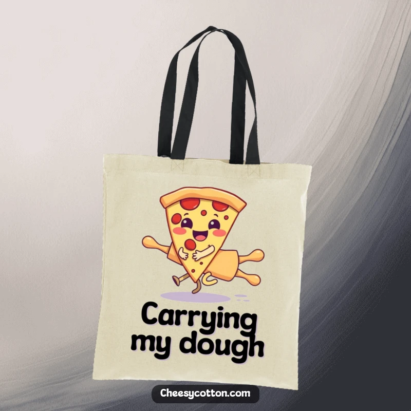 Funny tote bag with a giggling pizza slice character humorously riding a runaway rolling pin, a fun and practical accessory for market trips.