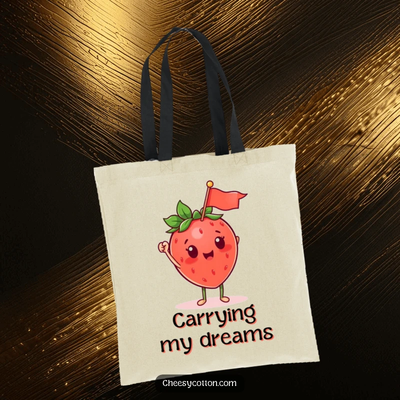 Funny smiling strawberry character waving a tiny flag on a practical tote bag, a cheerful and humorous accessory.