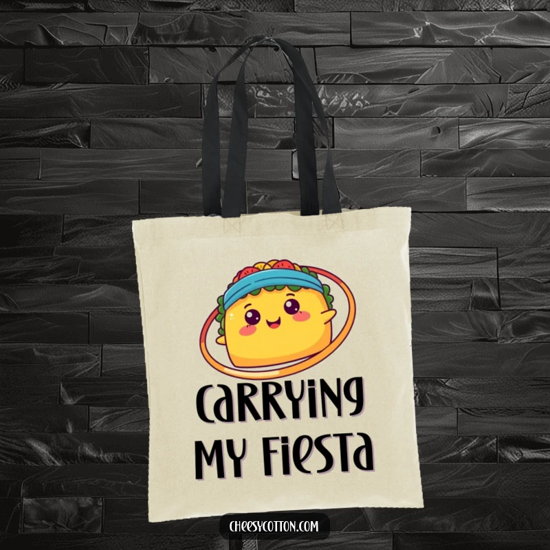 Funny happy kawaii taco spinning a hula hoop, depicted on a durable tote bag for carrying life’s goodies.