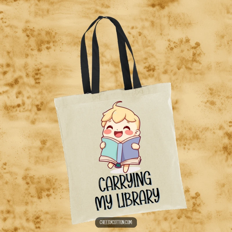 Funny tote bag featuring a joyful book character happily flipping its pages, ideal for carrying books with a humorous touch.