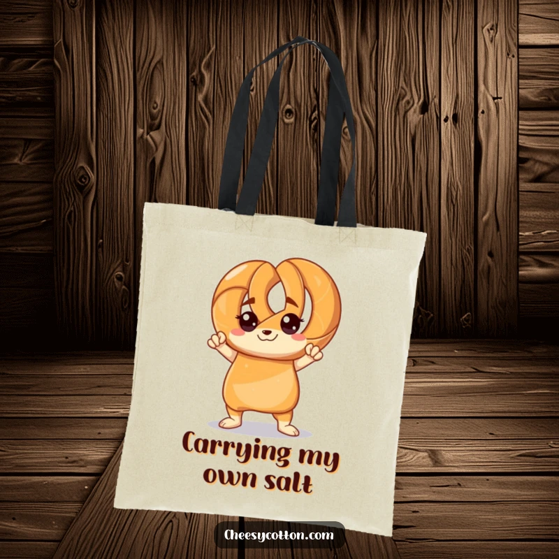 Funny tote bag featuring a pretzel character striking a confident pose, ready to carry your belongings with attitude.