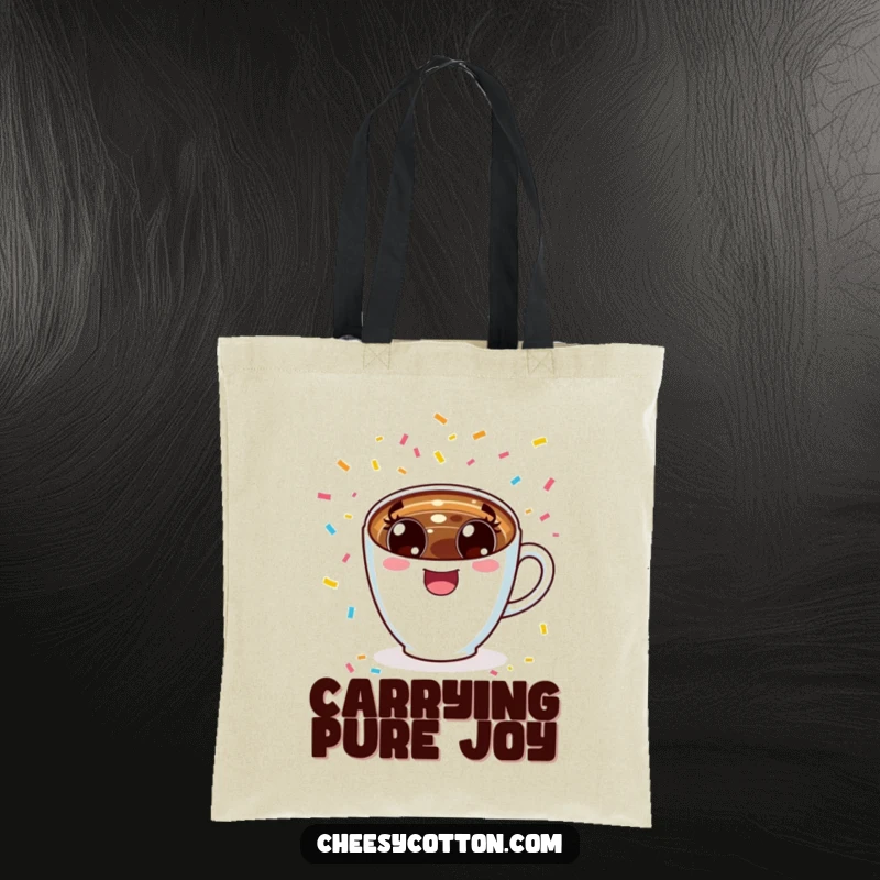 Funny excited kawaii coffee cup cheering with confetti, depicted on a durable tote bag for carrying life’s goodies.