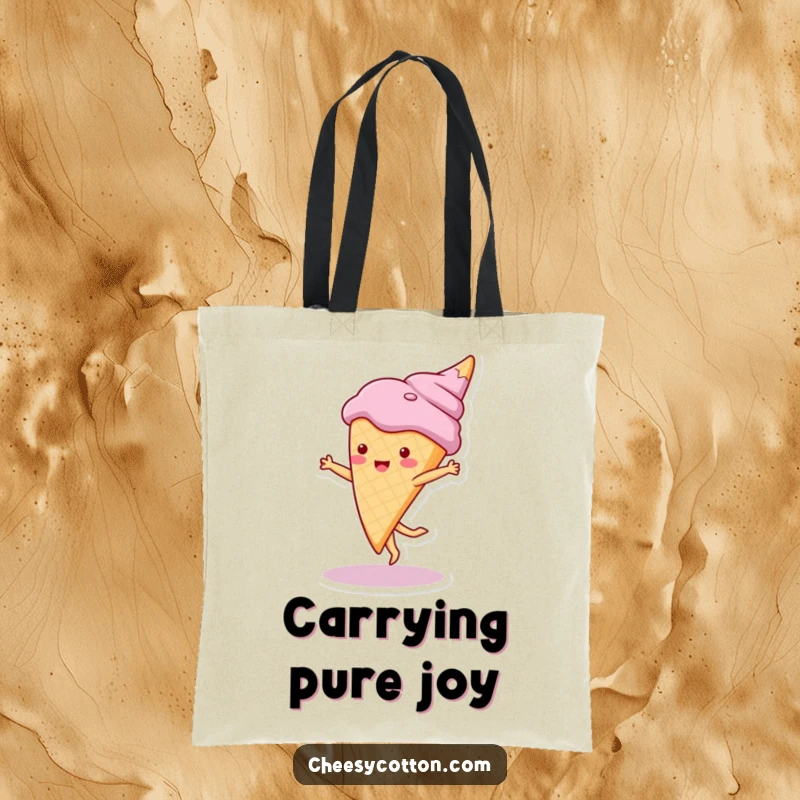 Funny tote bag showcasing a cute ice cream cone character doing a cartwheel, ideal for stylish and cheerful daily errands.
