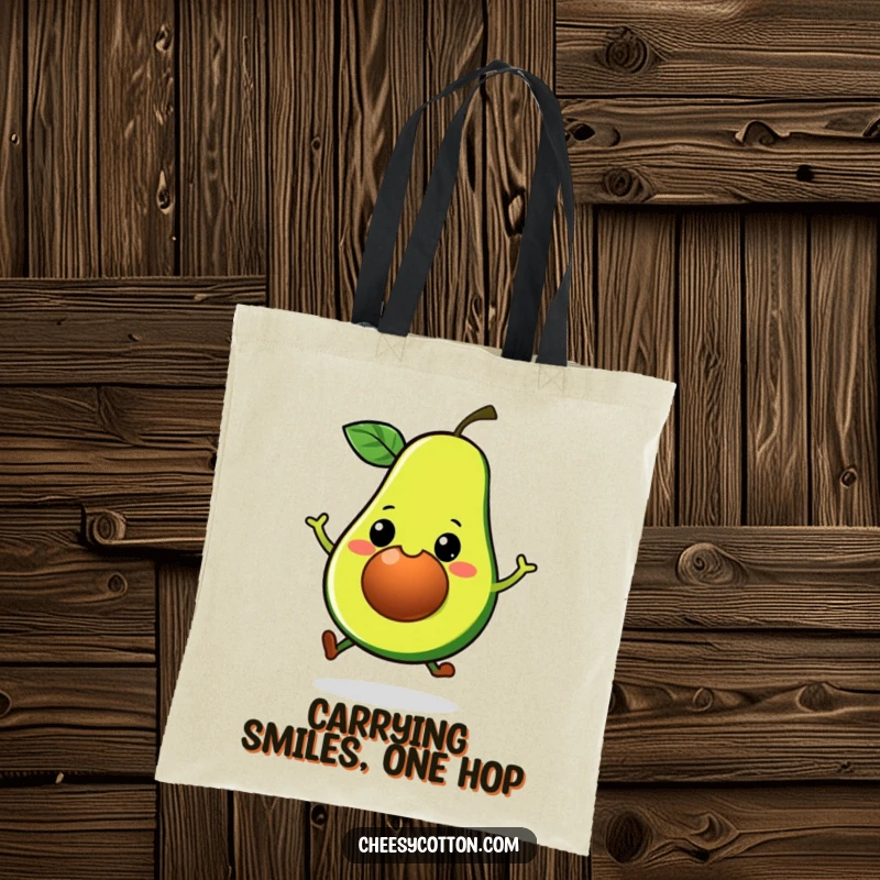 Funny Kawaii Avocado Tote Bag: A cheerful, hopping avocado design on a practical bag, ideal for shopping with a smile.