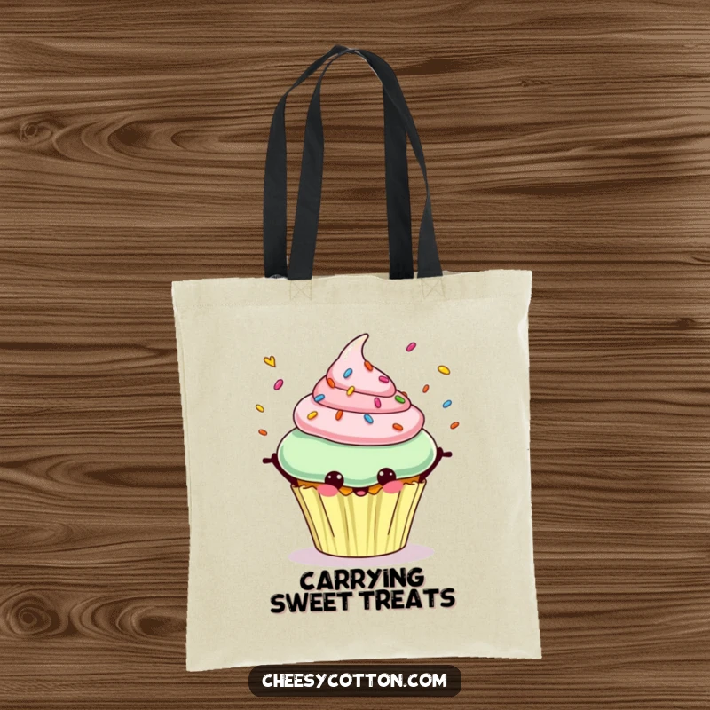 Funny tote bag showing a happy cupcake character juggling colorful sprinkles with infectious cheer.
