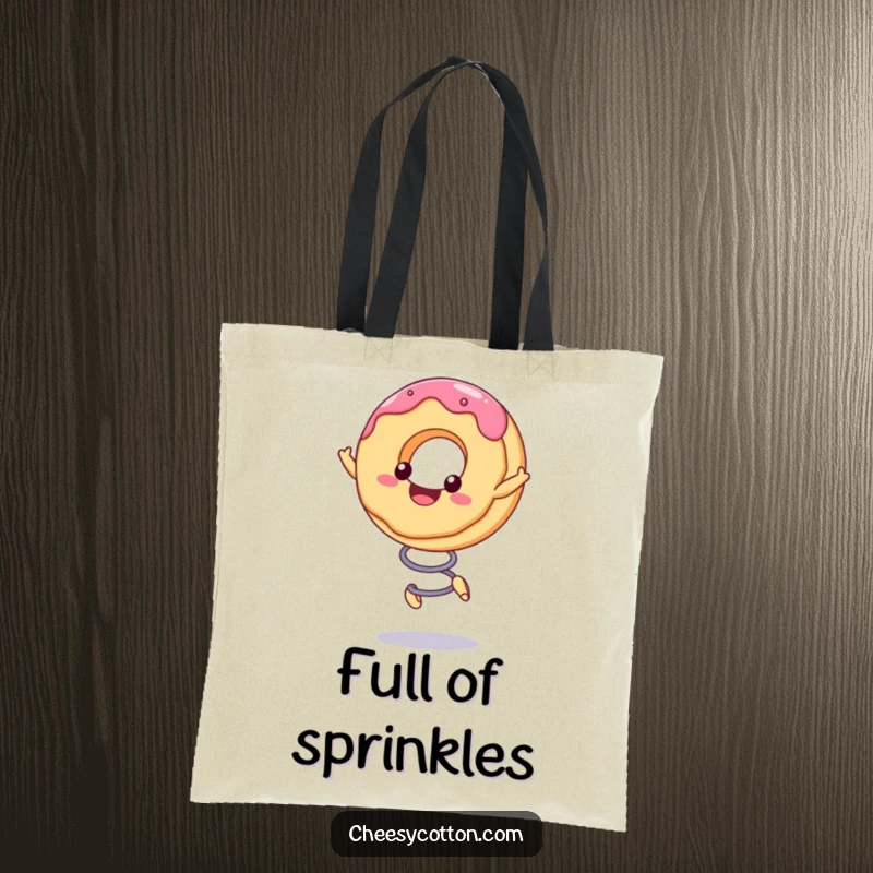Funny Tote Bag featuring a smiling kawaii donut character bouncing high on a spring, a cheerful and practical accessory.