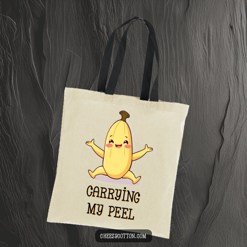 Funny tote bag featuring a smiling banana character doing a playful split, ideal for carrying items.