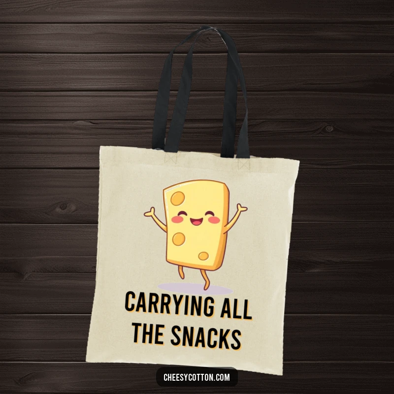 Funny cheese character in a joyful dance, printed on a durable tote bag for a humorous and practical accessory.