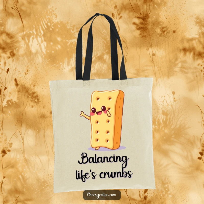 Funny Tote Bag with a cheesy cracker balancing on its corner, radiating pure glee and a love for snacks, great for shoppers.