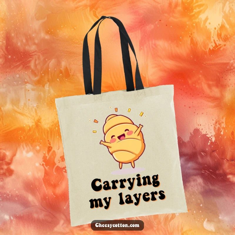Funny Croissant Cartwheel Tote Bag: A fun tote featuring a cheerful croissant character doing a cartwheel with layers flying.