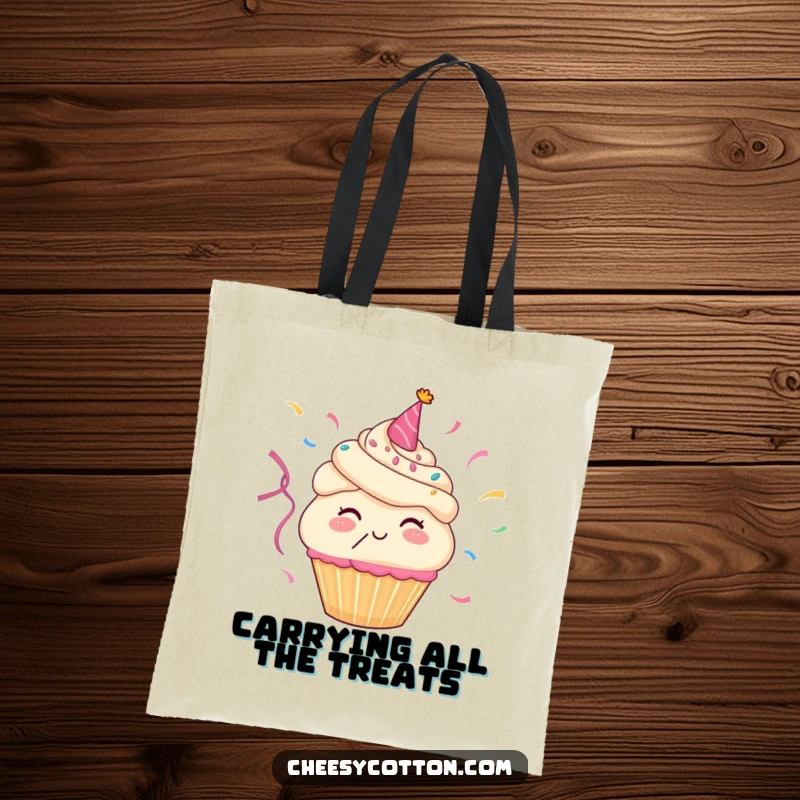Funny tote bag featuring a happy cupcake character blowing a shower of colorful party streamers, a joyful and festive accessory.