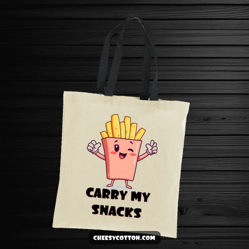 Funny french fry character in a superhero stance on a durable tote bag, a powerful and humorous accessory.