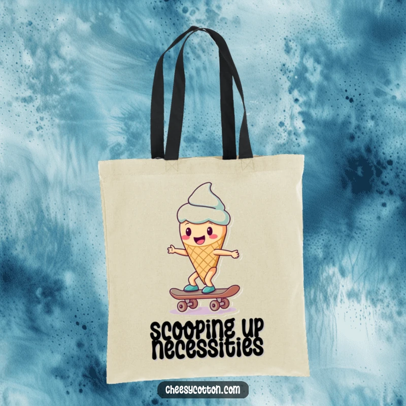 Funny ice cream cone character skateboarding, printed on a durable tote bag for a humorous and cool accessory.