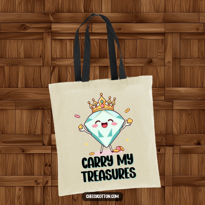 Funny crowned diamond tossing snacks, a humorous and spacious tote bag for party goers.